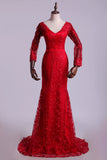 V-Neck Party Dresses Mermaid With Applique Lace And Tulle Burgundy/Maroon New Rjerdress