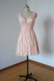 V Neck Pink Beads Lace Backless Homecoming Dresses Above Knee Short Prom Dresses H1161 Rjerdress