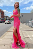 V-Neck Pink Mermaid Sparkly Long Prom Dresses Women Dresses Rjerdress