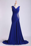 V Neck Pleated Bodice Column Sweep Train Party Dress With Beads