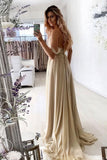 V-Neck Prom Dresses A Line Chiffon & Lace With Slit Rjerdress