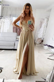 V-Neck Prom Dresses A Line Chiffon & Lace With Slit