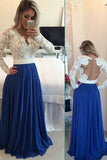 V Neck Prom Dresses A Line Chiffon With Applique Sweep Train Dark Royal Blue Rjerdress