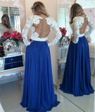 V Neck Prom Dresses A Line Chiffon With Applique Sweep Train Dark Royal Blue Rjerdress