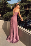 V Neck Prom Dresses A Line Satin With Ruffles And Slit Rjerdress