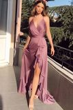 V Neck Prom Dresses A Line Satin With Ruffles And Slit