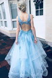 V-Neck Prom Dresses A Line Tulle With Applique Open Back Light Blue Rjerdress