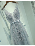 V Neck Prom Dresses A Line Tulle With Applique Open Back Rjerdress