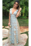 V Neck Prom Dresses A Line Tulle With Applique Sweep Train Rjerdress