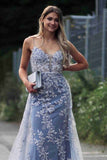 V Neck Prom Dresses Mermaid Lace & Tulle Sweep Train With Applique Backless