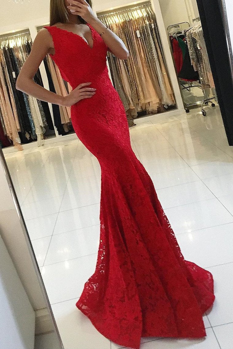 V Neck Prom Dresses Mermaid Lace With Applique Sweep Train Rjerdress