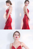 V-Neck Red Mermaid Spaghetti Straps Sparkly Backless Sleeveless Sequins Evening Dresses RJS242 Rjerdress