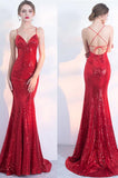V-Neck Red Mermaid Spaghetti Straps Sparkly Backless Sleeveless Sequins Evening Dresses RJS242
