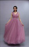V Neck Ruched Bodice Beaded Waistline Bridesmaid Dresses Tulle A Line