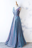 V Neck Satin Blue Lace up Ruffles A Line Prom Dresses Long Cheap Evening Dresses RJS675 Rjerdress