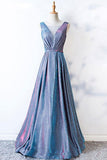 V Neck Satin Blue Lace up Ruffles A Line Prom Dresses Long Cheap Evening Dresses RJS675