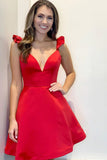 V Neck Satin With Ruffles A Line Homecoming Dresses Rjerdress