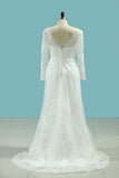 V Neck Sheath Bridal Dresses With Applique Long Sleeves Detachable Train Rjerdress