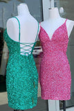 V Neck Sheath/Column Homecoming Dresses Sequin With Spaghetti Straps Rjerdress