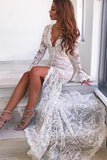 V-Neck Sheath Long Sleeves Ivory Lace Beach Wedding Dresses Bridal Gowns Rjerdress