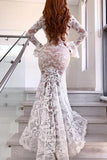 V-Neck Sheath Long Sleeves Ivory Lace Beach Wedding Dresses Bridal Gowns Rjerdress