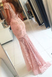 V Neck Short Sleeves Backless Prom Dresses Mermaid Lace With Applique And Beads Rjerdress