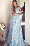 V-Neck Sleeveless Blue Tulle Appliques Long A-line Sleeveless Prom Dresses Rjerdress