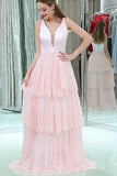 V-Neck Sleeveless Lace Long Pink Prom Dresses With Beading Tiered Evening Dress Rrjs460