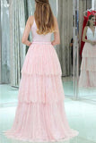 V-Neck Sleeveless Lace Long Pink Prom Dresses With Beading Tiered Evening Dress Rrjs460 Rjerdress