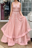 V-Neck Sleeveless Tulle Long Pink Prom Dresses With Beading Tiered Evening Dresses