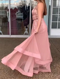V-Neck Sleeveless Tulle Long Pink Prom Dresses With Beading Tiered Evening Dresses Rjerdress