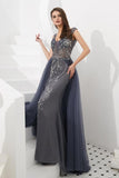V Neck Sleeveless Tulle Long Prom Dress With Beads Crystal Rjerdress