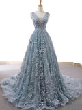 V Neck Sleeveless Tulle Prom Dress With Appliques, A Line Tulle Evening Dress Rjerdress