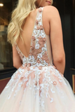 V Neck Sleeveless Tulle Prom Dress With Flowers And Beads Rjerdress