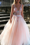 V Neck Sleeveless Tulle Prom Dress With Flowers And Beads Rjerdress