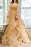 V Neck Spaghetti Straps A-Line Prom Dress Tulle Floor Length Rjerdress