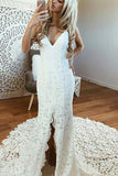 V Neck Spaghetti Straps Backless Lace Boho Wedding Dress With Split Mermaid Bride Dress RJS999