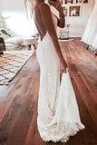 V Neck Spaghetti Straps Backless Lace Boho Wedding Dress With Split Mermaid Bride Dress RJS999 Rjerdress
