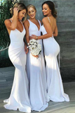 V Neck Spaghetti Straps Mermaid Bridesmaid Dresses Backless Long Wedding Guest Dresses Rjerdress