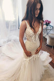 V Neck Straps Mermaid Wedding Dresses Tulle With Applique And Beads Rjerdress