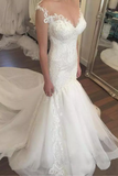 V Neck Tulle With Applique Mermaid Court Train Wedding Dresses Rjerdress