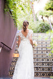 V Neck Wedding Dresses A Line Lace With Sash And Beads Sweep Train Rjerdress