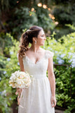 V Neck Wedding Dresses A Line Lace With Sash And Beads Sweep Train Rjerdress