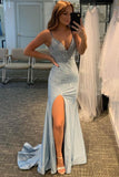 V Neckline Beaded Evening Gowns Mermaid Prom Dresses Long H074