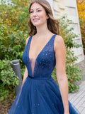 V-neck Beading Bodice Floor Length Split Tulle Prom Dresses Evening Dresses RJS554 Rjerdress