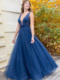 V-neck Beading Bodice Floor Length Split Tulle Prom Dresses Evening Dresses RJS554