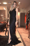 V-neck Black Lace Long Split Prom Dresses Evening Dresses RJS501