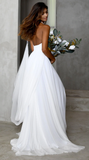 V-neck White Long Chiffon Backless Prom Dresses Slit Evening Dresses