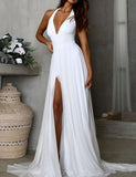 V-neck White Long Chiffon Backless Prom Dresses Slit Evening Dresses Rjerdress