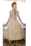 Vantage A Line V-Neck Long Sleeve Tea Length White Lace Princess Wedding Dresses Rjerdress